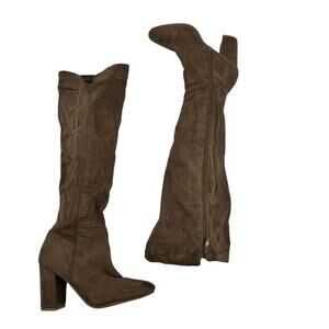 Top Moda Whisky brown faux suede tall boots block heel side zip closure size 6.5